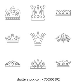 King crown icon set. Outline set of 9 king crown vector icons for web isolated on white background