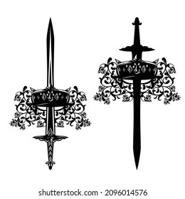 king crown and knight sword among rose flowers - black and white vector coat of arms design for royal security concept