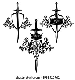 corona rey, espada caballero y escudo heráldico con flores rosadas - diseño vectorial negro y blanco para el concepto de seguridad real