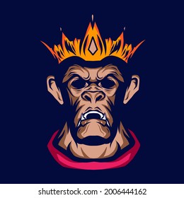 King crown monkey Line. Pop Art logo. Colorful design with dark background. Abstract vector illustration. Isolated black background for t-shirt, poster, clothing, merch, apparel, badge design