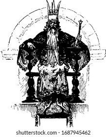 The king with crown on head sitting on throne and holding staff in hand, vintage line drawing or engraving illustration