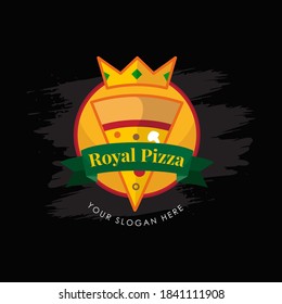 King Crown Pizza Restaurant Logo Template Italian Fast Food Black Yellow Green Ribbon Emblem Round Circle