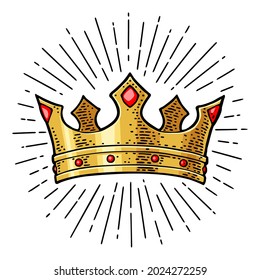 King crown with ray. Engraving vintage vector color illustration. Isolated on white background. Hand drawn design element for label, tattoo and poster