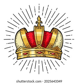 King crown with ray. Engraving vintage vector color illustration. Isolated on white background. Hand drawn design element for label, tattoo and poster
