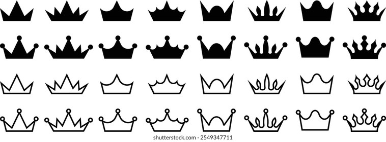 King Crown Set. Collection of crown silhouette. Black crown elements isolated on white background.Set of crowns in different styles. Vector illustration