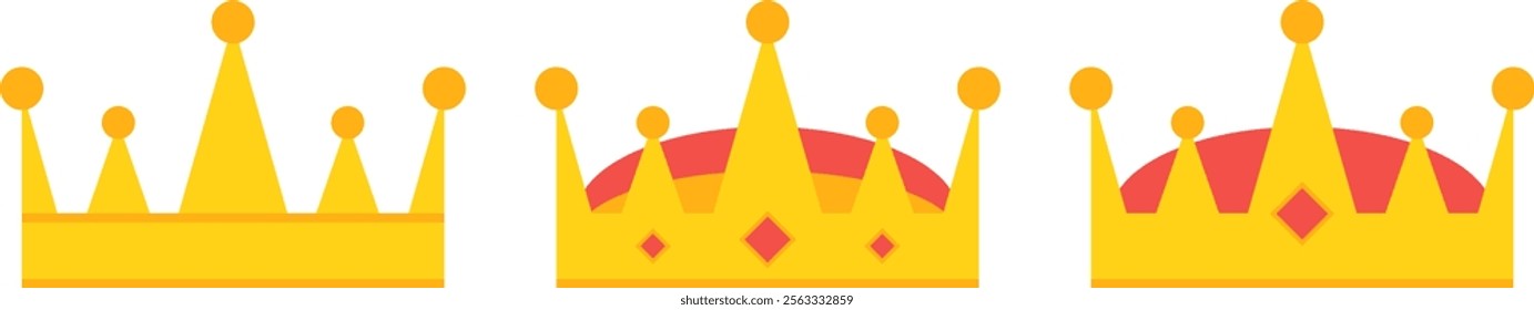 King crown, set of golden emperor crowns with red gems isolated on white background. Vector, designer illustration. Vector.