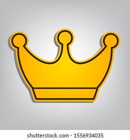 King crown sign. Flat orange icon with overlapping linear black icon with gray shadow at whitish background. Illustration.