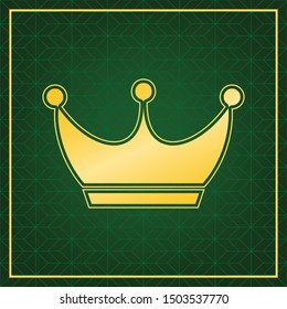 King crown sign. Golden icon with gold contour at dark green gridded white background. Illustration.