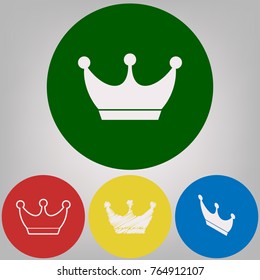 King crown sign. Vector. 4 white styles of icon at 4 colored circles on light gray background.