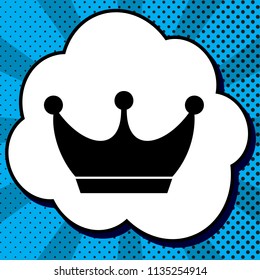 King crown sign. Vector. Black icon in bubble on blue pop-art background with rays.