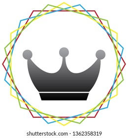 King crown sign. Vector. Black icon with patch of light inside colorful hexagonal frames at white background.