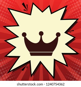 King crown sign. Vector. Dark red icon in lemon chiffon shutter bubble at red popart background with rays.
