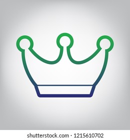 King crown sign. Vector. Green to blue gradient contour icon at grayish background with light in center.
