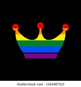 King crown sign. Vector. Icon with colors of LGBT flag at black background.