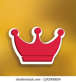 King crown sign. Vector. Magenta icon with darker shadow, white sticker and black popart shadow on golden background.