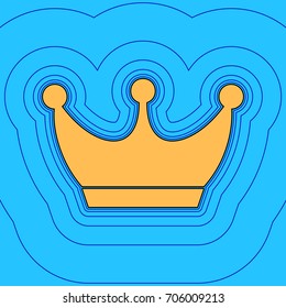 King crown sign. Vector. Sand color icon with black contour and equidistant blue contours like field at sky blue background. Like waves on map - island in ocean or sea.