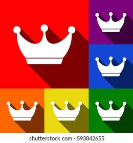 King crown sign. Vector. Set of icons with flat shadows at red, orange, yellow, green, blue and violet background.