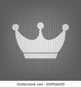 King crown sign. Vector. White knitted icon on gray knitted background. Isolated.