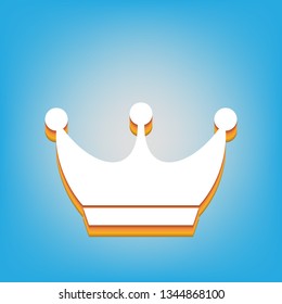 King crown sign. Vector. White icon with 3d warm-colored gradient body at sky blue background.