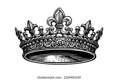 King Crown sketch. Hand drawn royal symbol of power drawn on white. Vintage engraved illustration svg