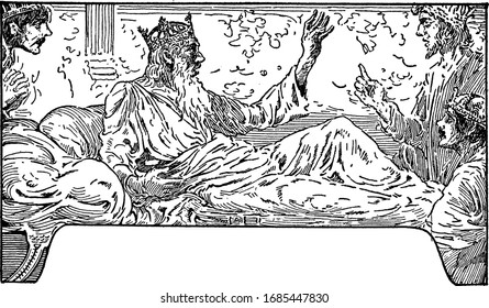 Der König, dessen Krone mit einem Mann in seiner Nähe spricht, zwei weitere Männer in der Nähe des Bettes stehen, Vintage-Linienzeichnung oder Gragragrafik