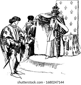 The king with crown standing near chair and pointing to young man who is standing in front of him and telling something to him, another two men in background, vintage line drawing or engraving