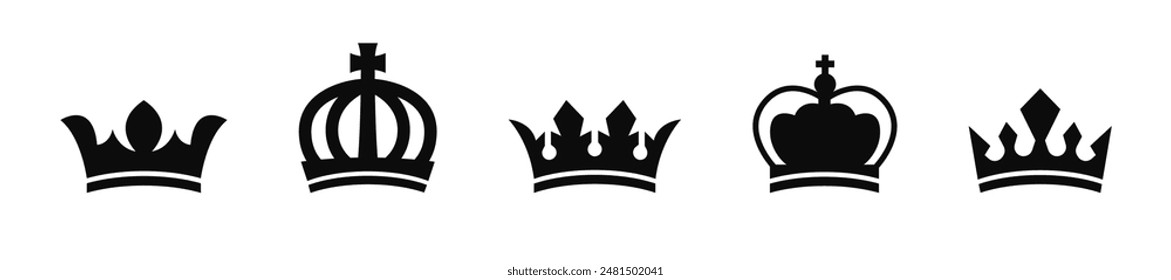 King crown vector icon set. Monarch heraldic symbol collection.