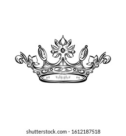 King Crown Vector Illustration hand drawn on white. Prints on T-shirts, sweatshirts, cases for mobile phones, souvenirs. Isolated vector illustration on white background. Fashion