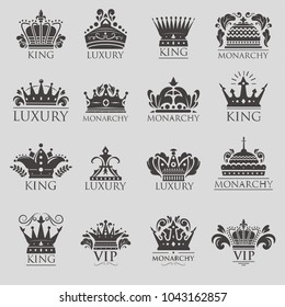 King crown vector logo vintage premium golden yellow badge heraldic ornament icon tiara luxury emblem kingdom princess baroque sign medieval antique decoration retro king style
