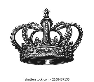 King Crown vector sketch. Hand drawn royal symbol of power drawn on white. Vintage engraved illustration svg
