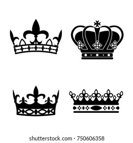 King crowns. Icon set. Antique crowns. Vector illustration. Silhouettes. Flat style.