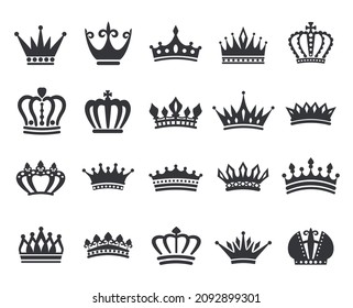 King crowns icon silhouette, queen tiara, royal crown logo. Power dynasty royalty emblem, vintage heraldic black symbols vector set. Luxury jewelry for prince or princess, aristocracy