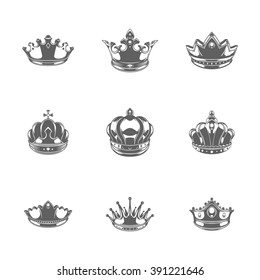 King Crowns Logos Vector Illustration. Royal Crowns Silhouette Isolated On White Background. Vector object for Labels, Badges, Logos Design. King Logo, Luxury Logo, Crown Symbols, Crown Icons.