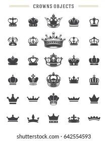 King crowns silhouettes objects vector design elements set vintage style isolated on white. For logos badges and other graphic design.