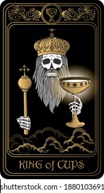 King of Cups. Card of Minor arcana black and gold tarot cards. Tarot deck. Vector hand drawn illustration with skulls, occult, mystical and esoteric symbols.