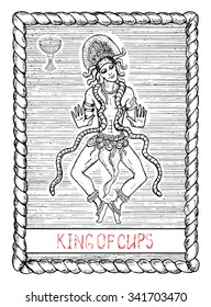 King of cups. The minor arcana tarot card, vintage hand drawn engraved illustration with mystic symbols. Handsome man, asian dancer or actor