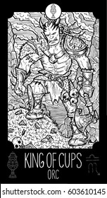 King of cups. Orc. Minor Arcana Tarot card. Fantasy line art illustration. Engraved vector drawing. See all collection in my portfolio set.