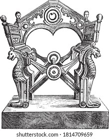 King Dagobert armchair, Vintage engraving. From Popular France, 1869.