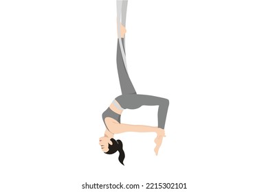 King Dancer Pose B Aerial. Beautiful girl practice Baddha Natarajasana Aerial. Young attractive woman practicing yoga exercise. working out, black wearing sportswear, grey pants and top, indoor full