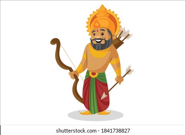 King Dashratha is holding a bow and arrow in hands. Vector cartoon illustration. Isolated on a white background.