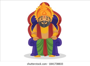 King Dashratha is sitting on the throne. Vector cartoon illustration. Isolated on a white background.