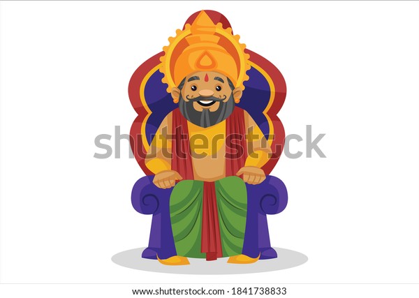King Dashratha is sitting
on the throne. Vector cartoon illustration. Isolated on a white
background.