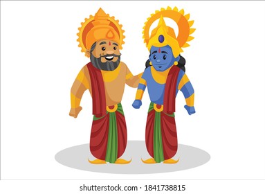 King Dashratha is standing with his son Rama. Vector cartoon illustration. Isolated on a white background.