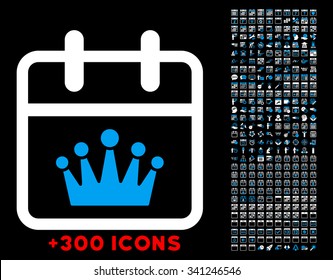 King Date vector icon with additional 300 date and time management pictograms. Style is bicolor flat symbols, blue and white colors, rounded angles, black background.