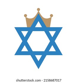 Logo del Rey David, símbolo de la estrella de la corona y de los judíos. Icono azul, dorado, simple, plano, vectorial aislado en fondo blanco.