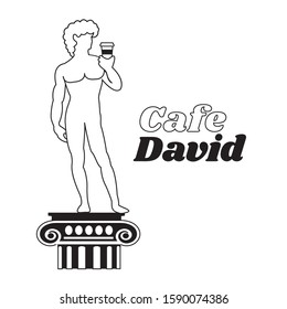 king David statue outline & contour or sculpture flat design modern isolated hold cup of coffee art. restaurant or Cafe vector. funny Cafeteria cartoon from bible. drinking cappuccino concept creative