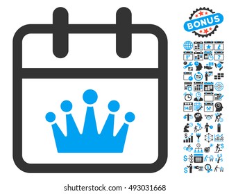 King Day icon with bonus calendar and time management graphic icons. Vector illustration style is flat iconic bicolor symbols, blue and gray colors, white background.