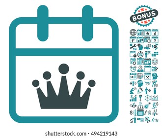 King Day icon with bonus calendar and time management symbols. Vector illustration style is flat iconic bicolor symbols, soft blue colors, white background.