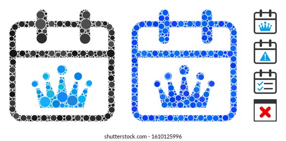 King day mosaic of filled circles in various sizes and color tinges, based on king day icon. Vector filled circles are combined into blue mosaic. Dotted king day icon in usual and blue versions.