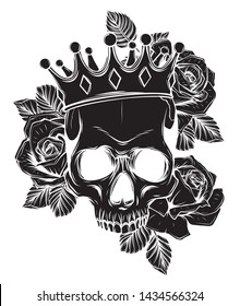 King of death. Portrait of a skull with a crown and lipstick.